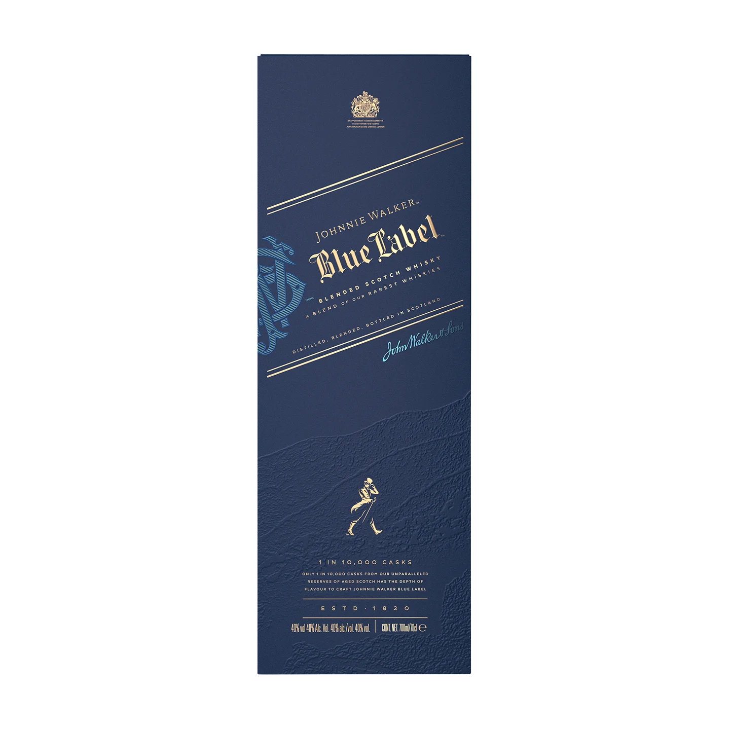 Ένα ψηλό, σκούρο μπλε κουτί με το λογότυπο Johnnie Walker Blue Label σε λευκό και χρυσό κείμενο, με κομψά σχέδια και το εμβληματικό λογότυπο του striding man. Το φόντο είναι ένα σταθερό πράσινο.