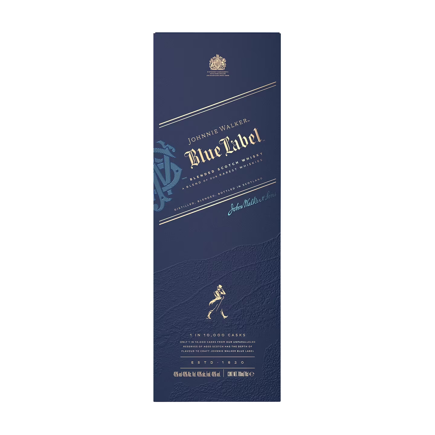 Blue box with gold text displaying Johnnie Walker Blue Label and Blended Scotch Whisky in white and gold lettering. It includes a logo of a walking man and the signature of the founder, etched in white.