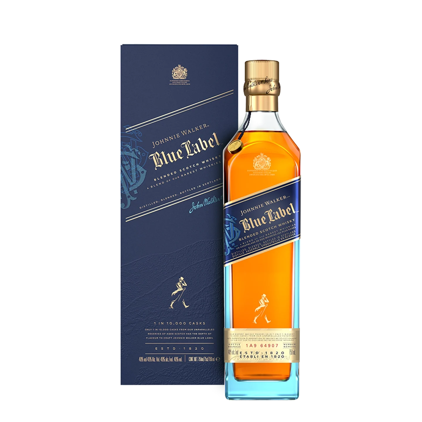 Blue box with gold text displaying Johnnie Walker Blue Label and Blended Scotch Whisky in white and gold lettering. It includes a logo of a walking man and the signature of the founder, etched in white.