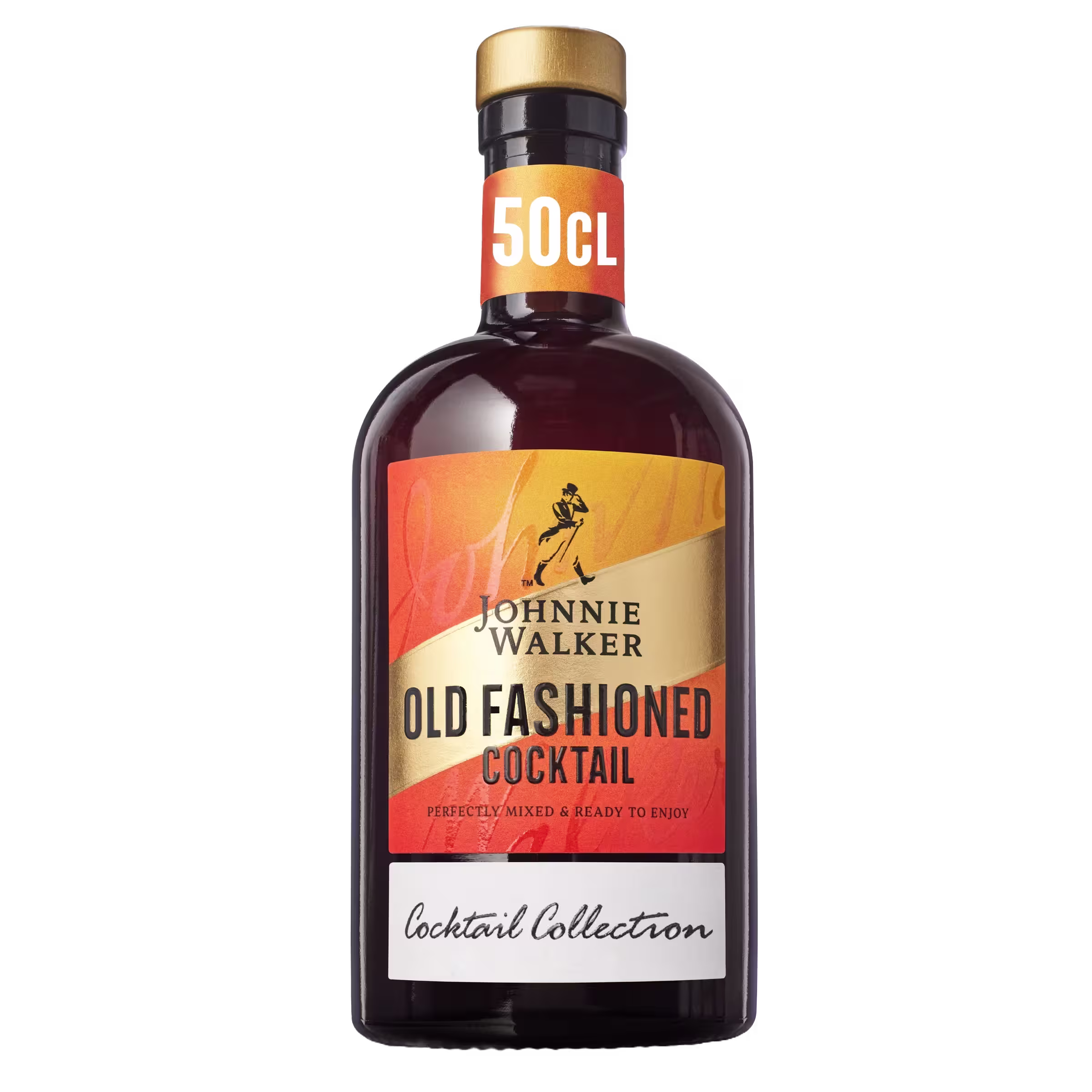 A bottle of Johnnie Walker Old Fashioned Cocktail, 50cl. The label is orange, gold, and black, featuring the iconic Johnnie Walker logo and the words Cocktail Collection, with text indicating its ready to enjoy.