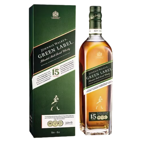 Una botella de whisky escocés de malta mezclado Johnnie Walker Green Label con su caja verde. La etiqueta indica que tiene 15 años de añejamiento, con detalles dorados y verdes en el diseño.
