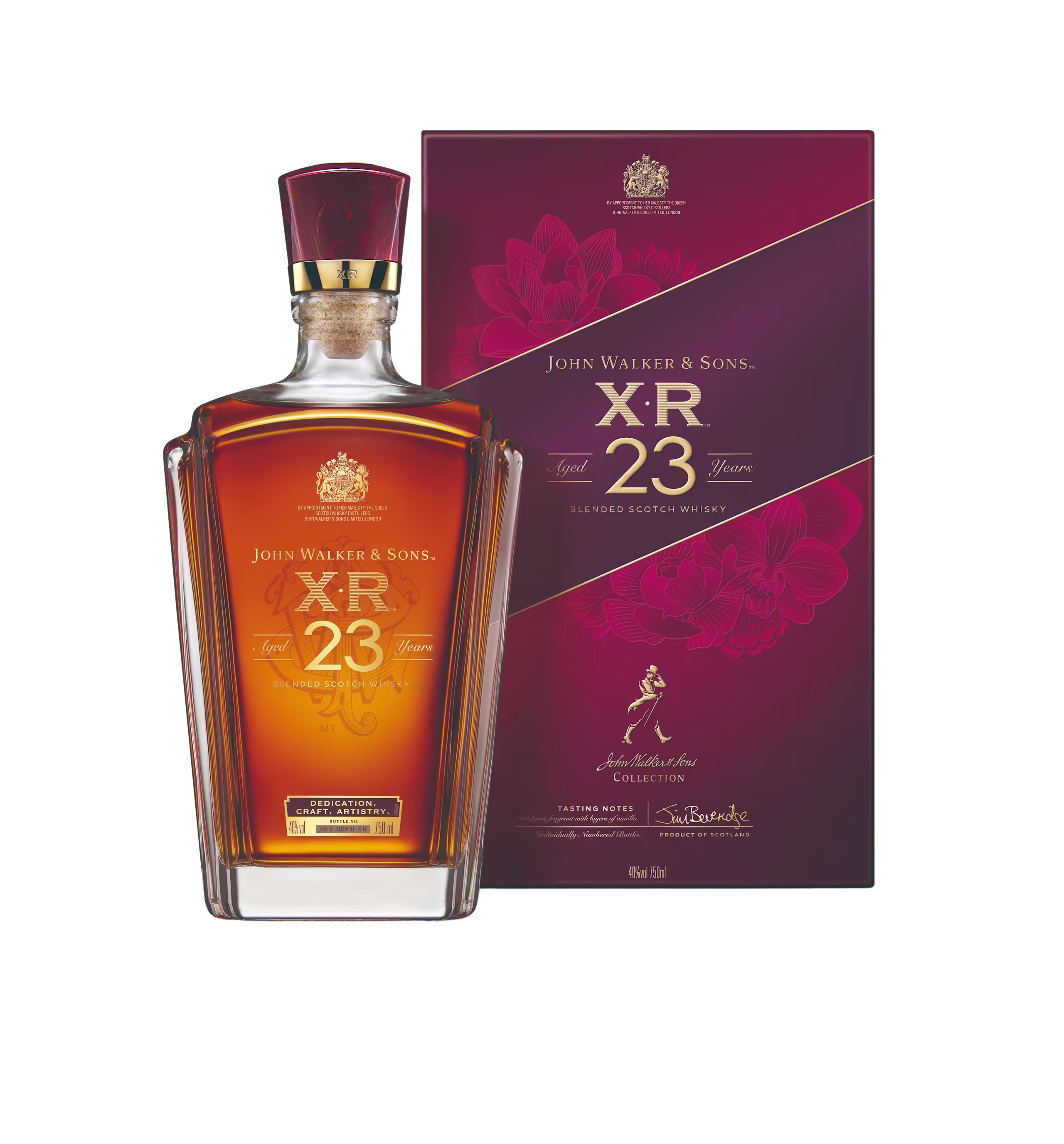 John Walker & Sons XR 23 年混合蘇格蘭威士卡的酒瓶和包裝。酒瓶設計優雅，呈長方形，金色字體顯示 「John Walker & Sons XR 23 Years」。背景包裝為深酒紅色，配以花卉點綴，與威士忌酒瓶的奢華美感相得益彰。設計強調工藝、奢華
