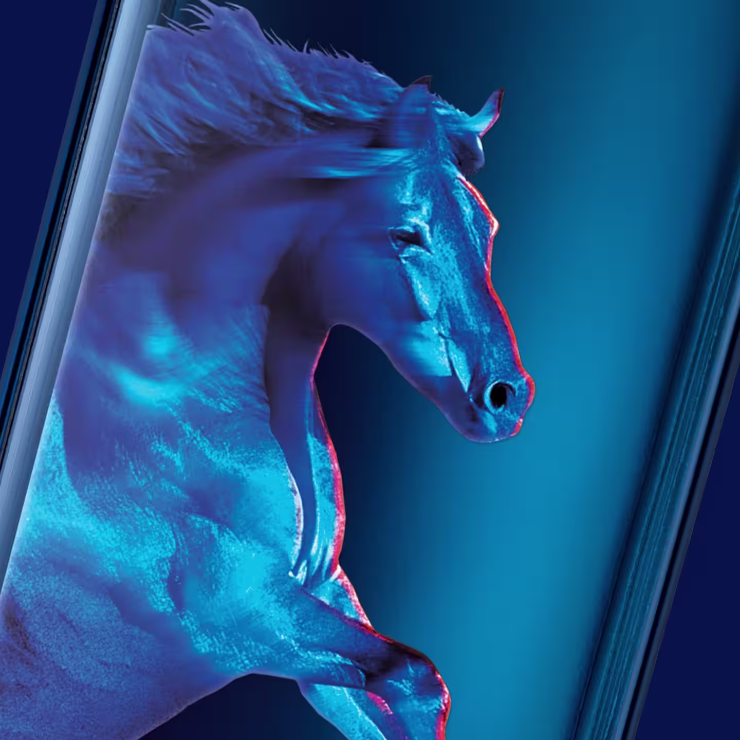 A stylized blue horse with a flowing mane appears to be galloping, set against a dark blue background with red highlights accentuating its contours.