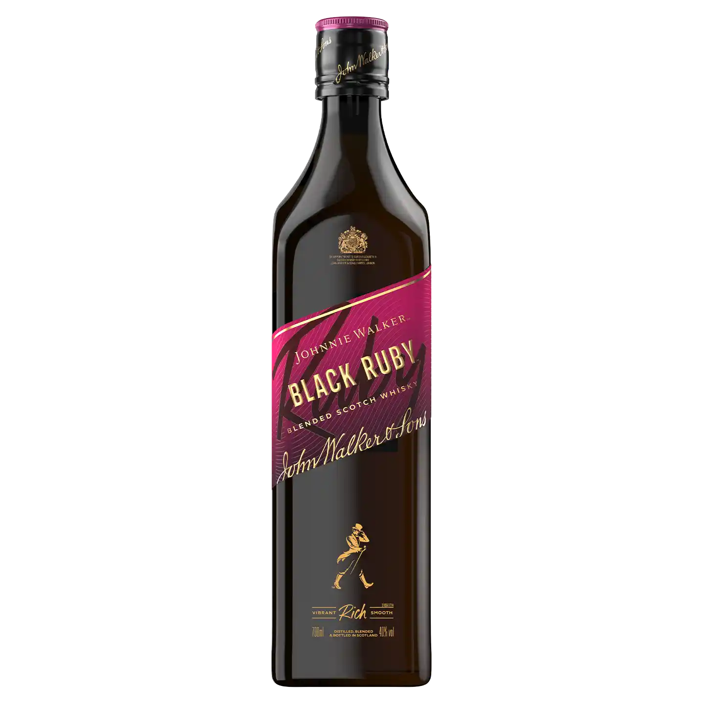 Ένα μπουκάλι Johnnie Walker Black Ruby Blended Scotch Whisky με κομψό σχεδιασμό. Η ετικέτα είναι κυρίως μαύρη με ροζ τόνους, συμπεριλαμβανομένης μιας ροζ διαγώνιας ρίγας και ενός λογότυπου. 