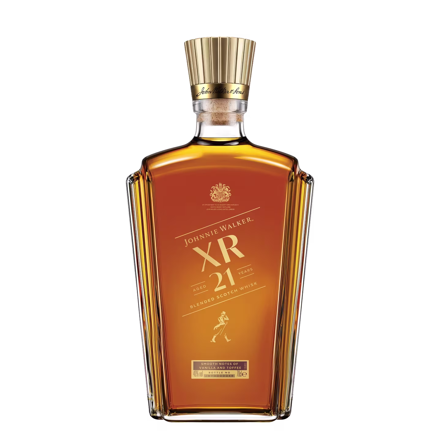 瓶貼有金色標籤、採用透明玻璃瓶身的尊尼獲加（Johnnie Walker）XR 21年調配型蘇格蘭威士忌。