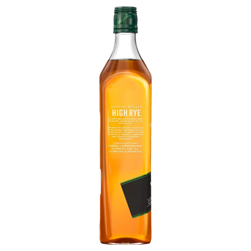 A bottle of Johnnie Walker High Rye blended Scotch whisky with a green cap and a label highlighting its 40% ABV. The whisky inside is a rich amber color.