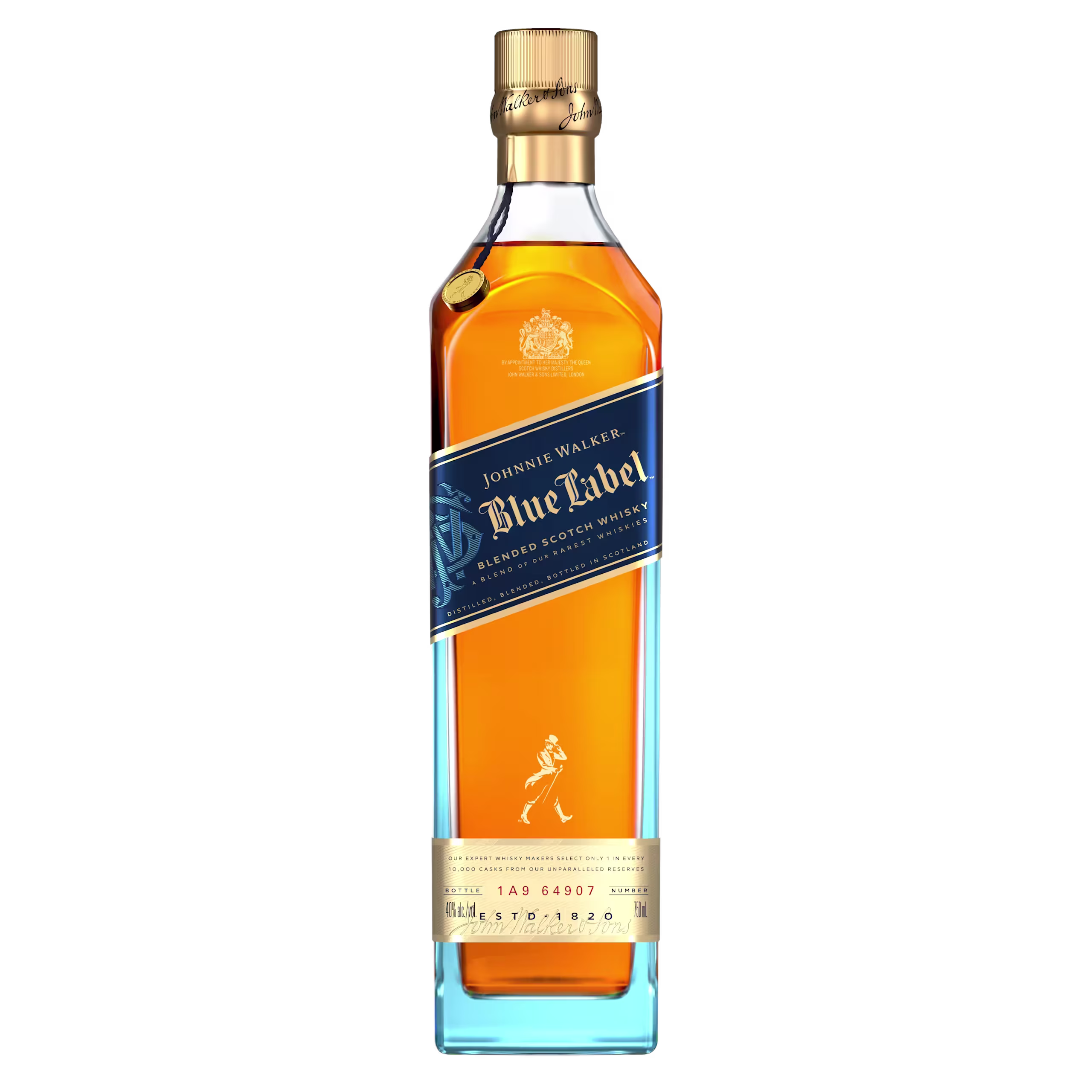 A bottle of Johnnie Walker Blue Label blended Scotch whisky, featuring a blue label, gold accents, and amber liquid inside a tall, rectangular glass bottle.