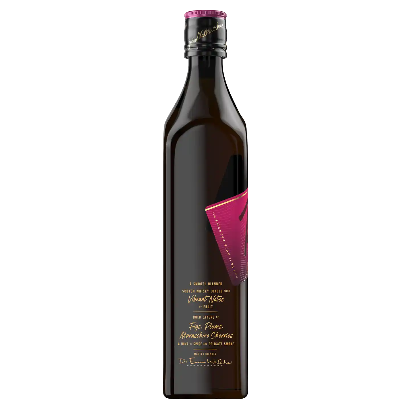 A stylish dark glass bottle with a stylish label featuring a pink gradient design. The text on the label highlights flavors of fig, plum and Manuka honey. The bottle has a gold signature at the bottom.