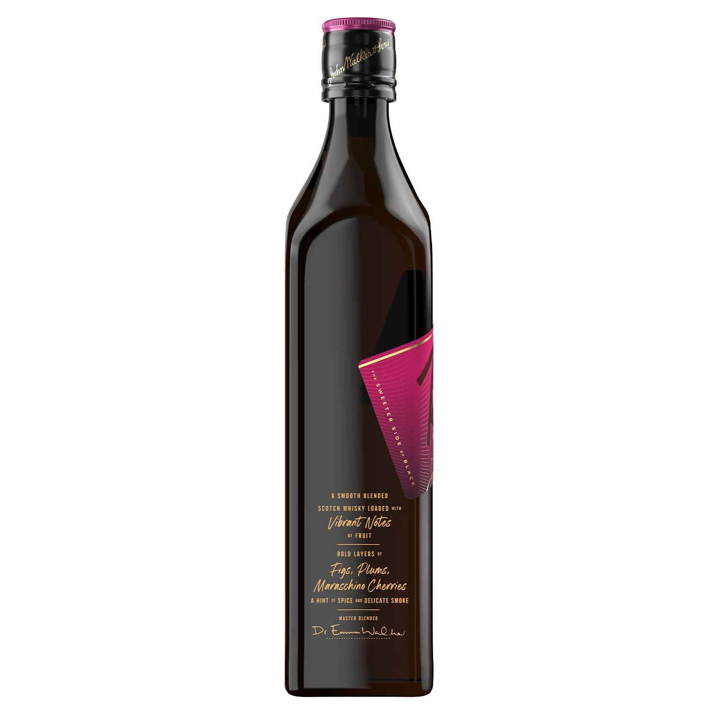 Una botella de vidrio oscuro con una etiqueta abstracta en tonos morados y rosados ​​con texto dorado. La etiqueta resalta sabores como higos, ciruelas y cerezas al marrasquino. La botella tiene un diseño elegante y moderno con una tapa negra en contraste.