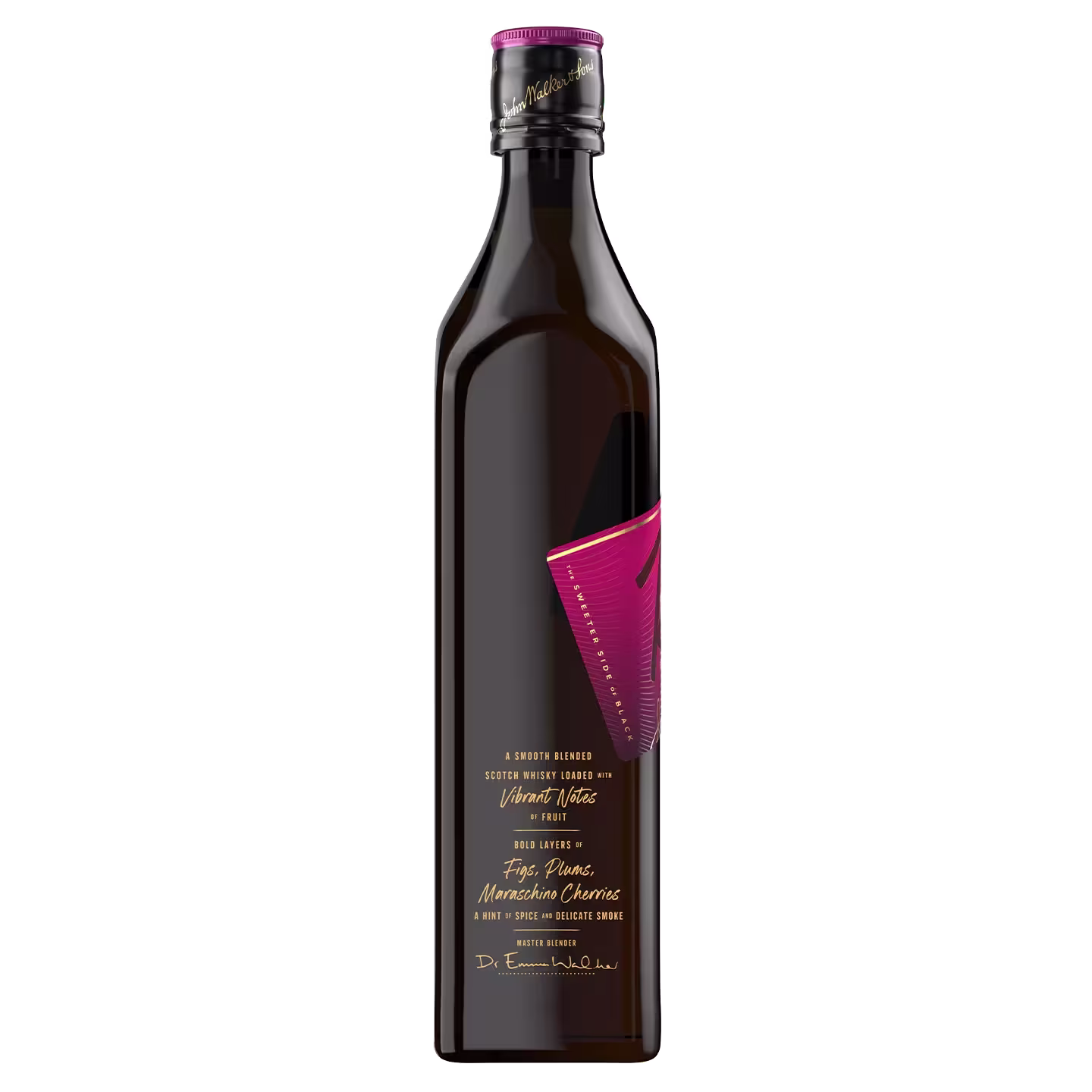 Una elegante y oscura botella de whisky escocés Johnnie Walker con una elegante etiqueta con detalles en rosa y granate. La botella es alta con texto dorado y una firma cerca del fondo.