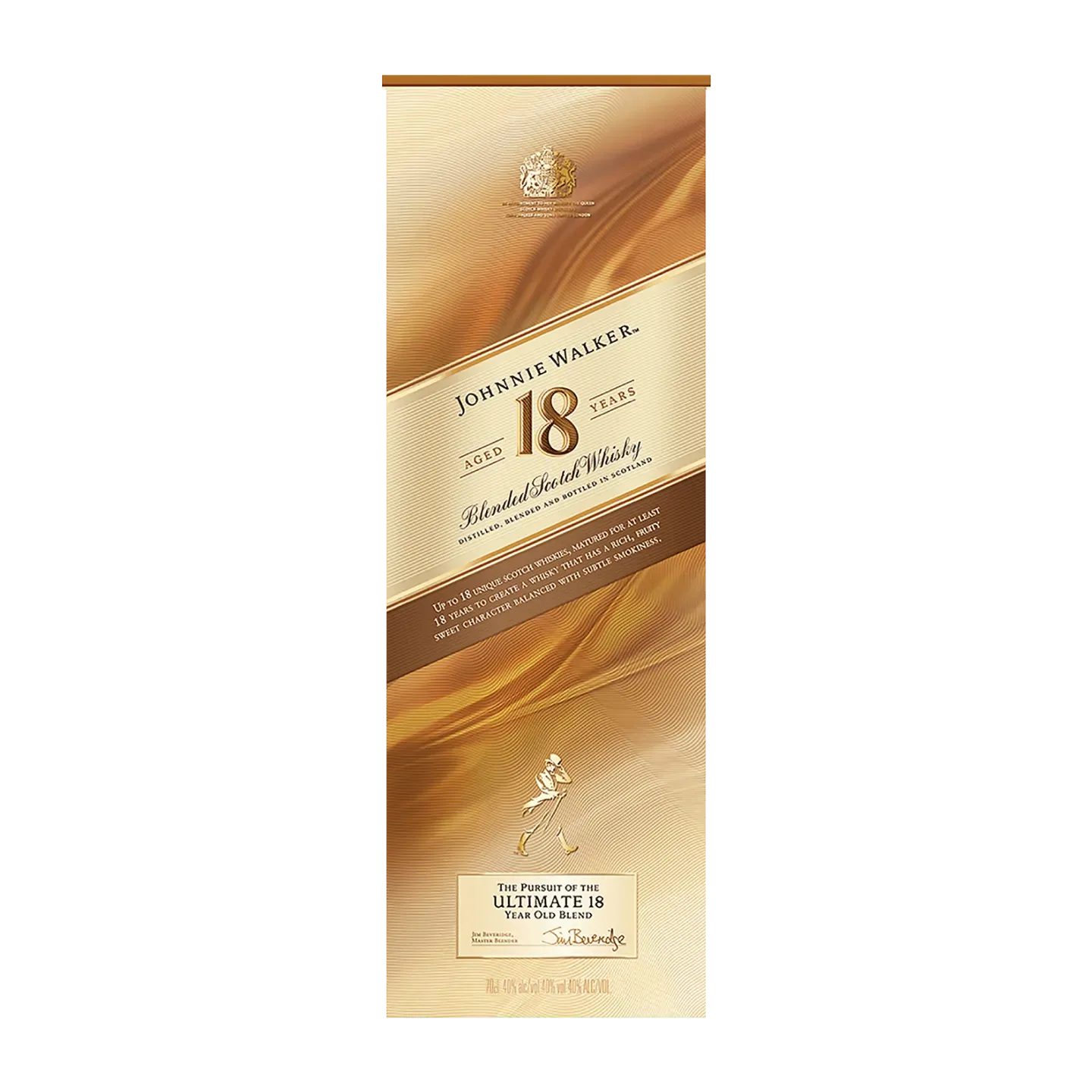 A bottle box of Johnnie Walker 18 Years blended Scotch whisky. The design features a gold and amber color scheme with sweeping lines and text detailing the whisky’s age and description. The Johnnie Walker logo is prominently displayed.