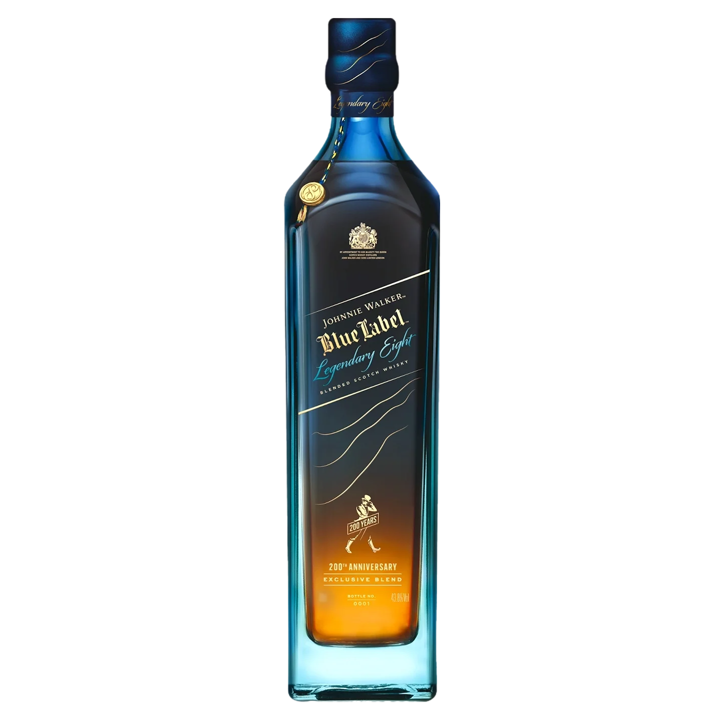 Tall bottle of Johnnie Walker Blue Label Legendary Eight whisky, featuring a blue and gold label with a gold seal near the neck and a gold cap. The bottle contains amber-colored liquid.