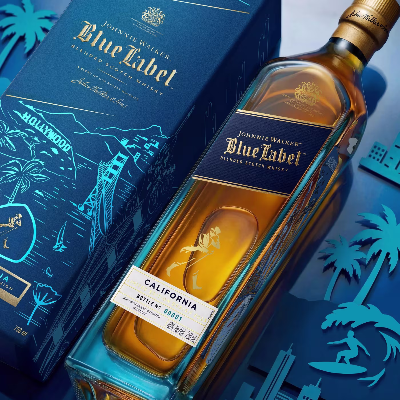 Johnnie Walker Blue Label California Edition bottle with matching blue box and Hollywood-themed design.