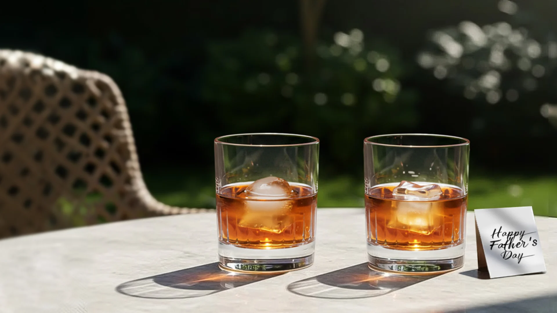 Two glasses with amber liquid and ice sit on a sunlit table. A small card with Happy Fathers Day written on it is placed on the table. A woven chair is in the background, and greenery is slightly blurred in the distance.