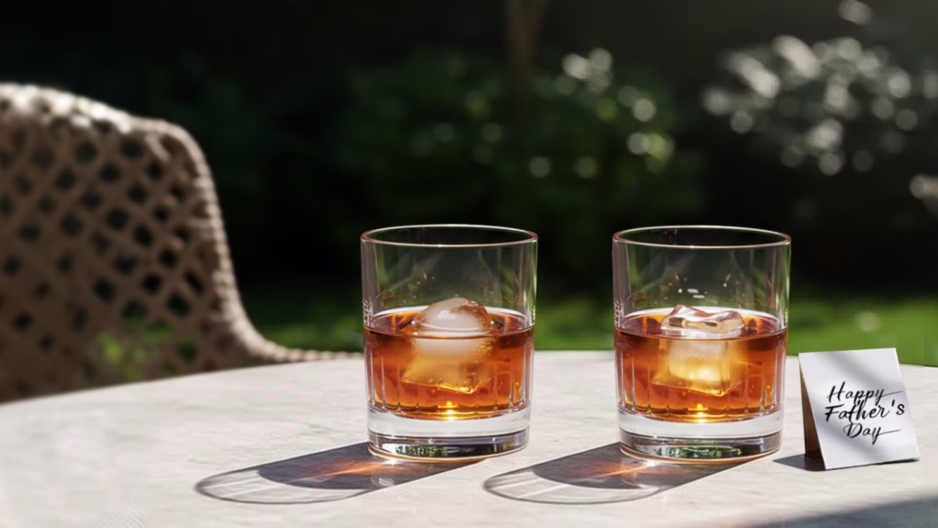 Two glasses of whiskey with ice sit on a sunlit outdoor table next to a small note that reads Happy Fathers Day. A woven chair and greenery appear blurred in the background.