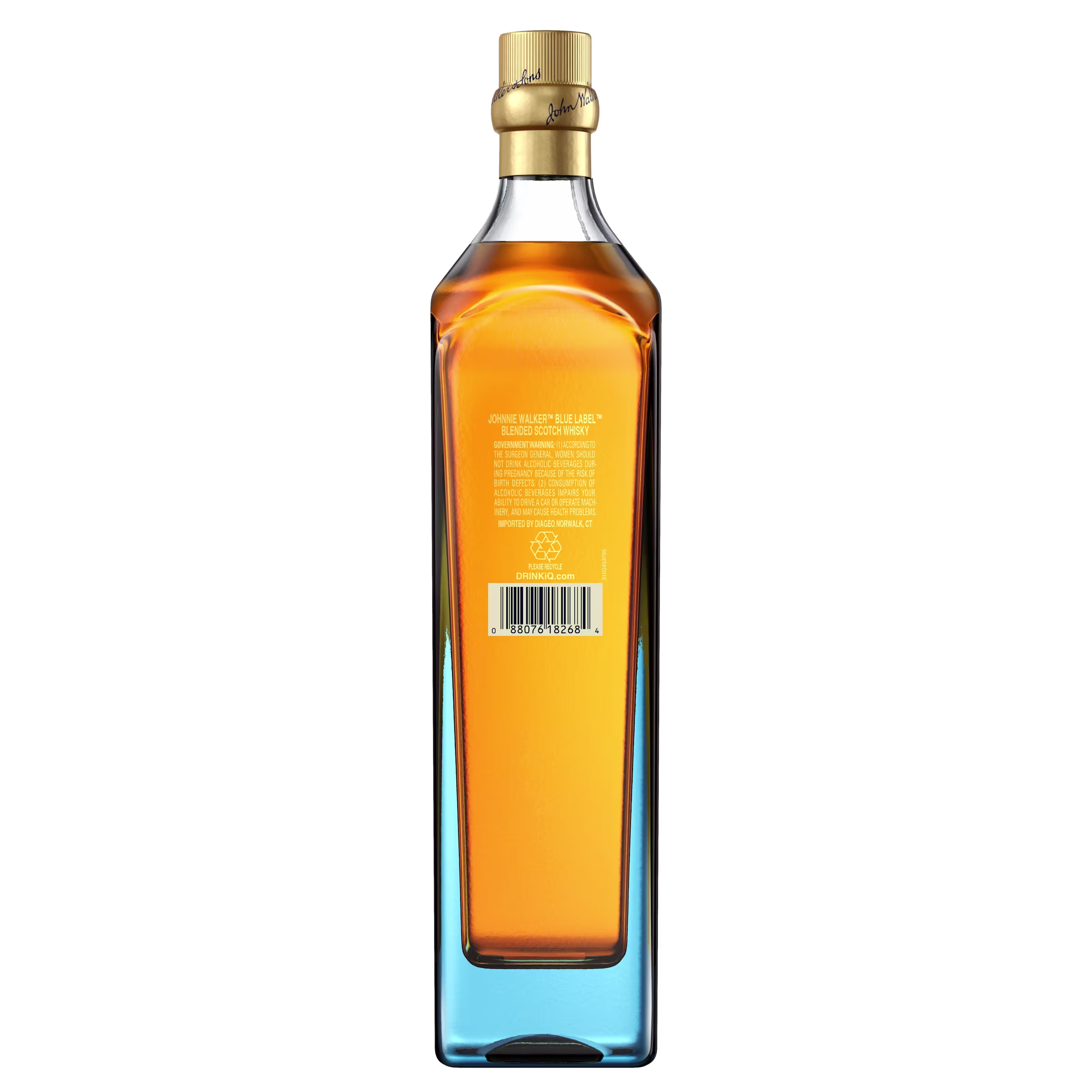 Johnnie Walker Blue Label Washington whisky A tall, rectangular bottle with a golden cap, filled with amber liquid. The label on the back displays text and a barcode. The glass is clear, showing the color of the contents.