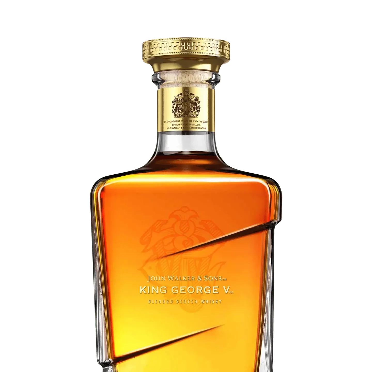 A clear glass bottle Johnnie Walker King George V with a gold cap containing amber liquid. The bottle has an embossed crest on top and text that reads, King George V, and John Walker & Sons.