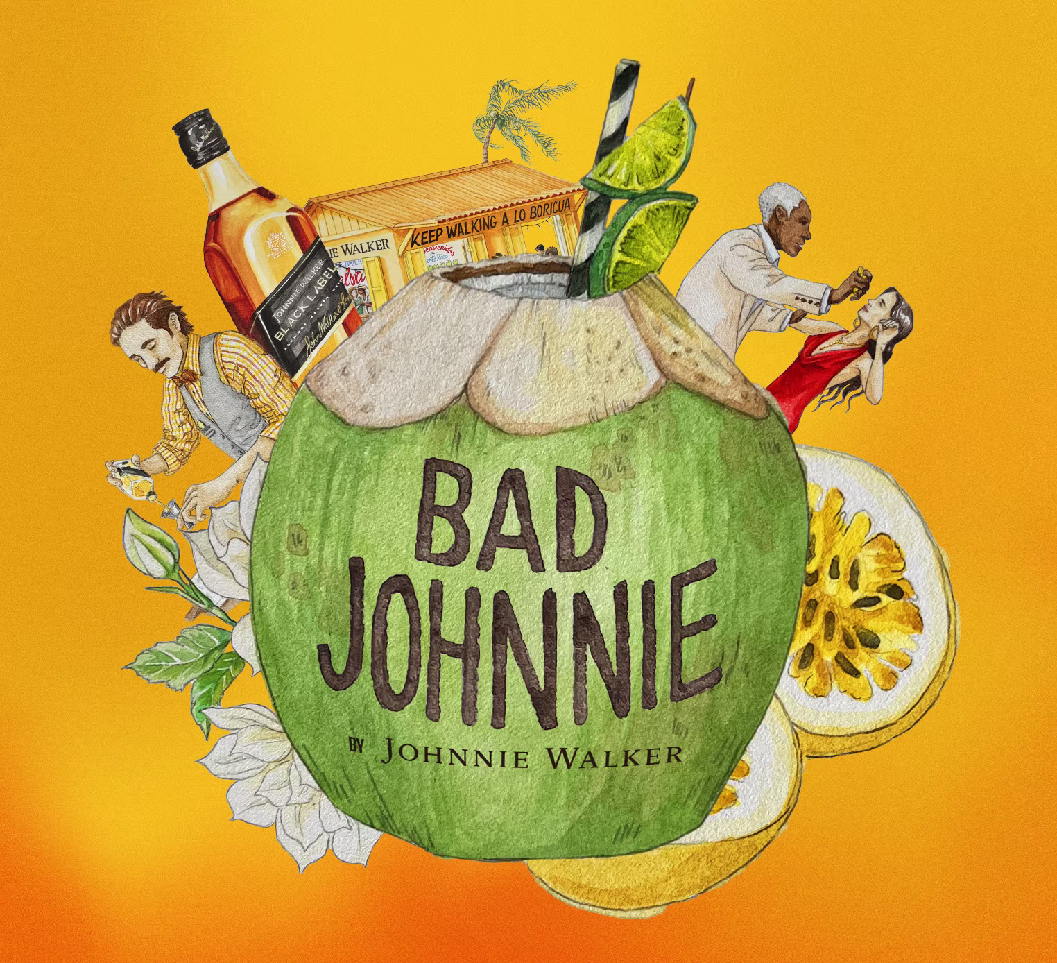 Ilustración de una bebida de coco etiquetada BAD JOHNNIE de Johnnie Walker con una botella, una caja, dos personas bailando, un camarero, rodajas de maracuyá, menta y flores sobre un fondo naranja vibrante.