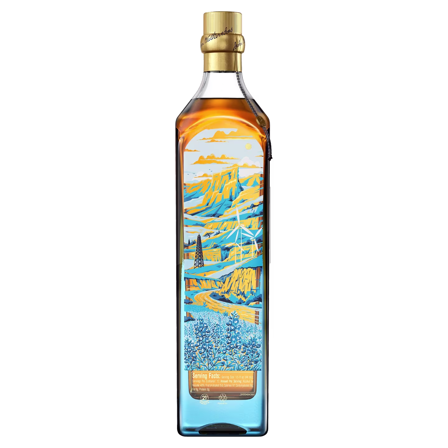 Tall glass bottle with a colorful landscape illustration of mountains, trees, and a river on the label.