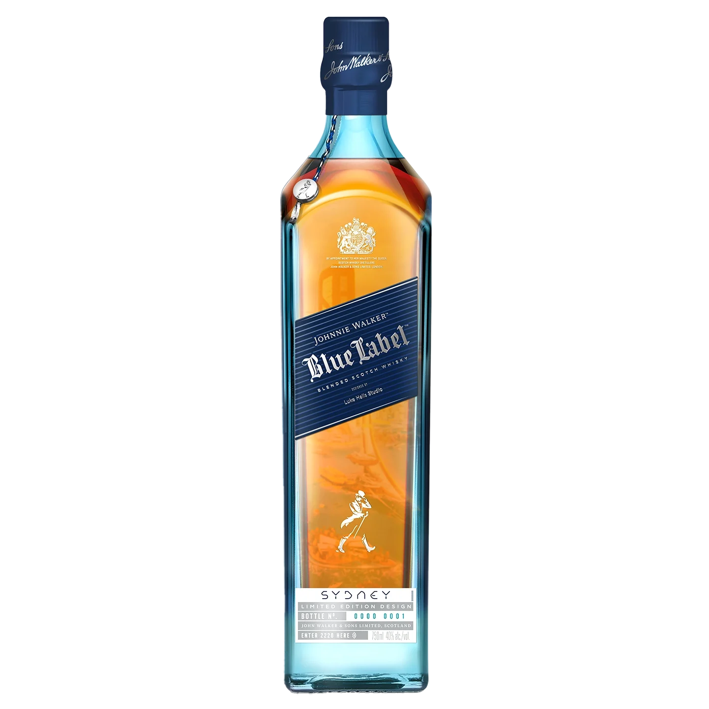 A bottle of Johnnie Walker Blue Label whisky with a blue glass and label, featuring gold accents and the iconic striding man logo. The label at the bottom indicates a special Sydney edition.
