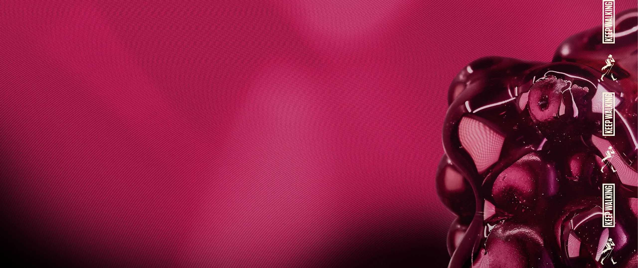 A glossy, maroon-colored structure with rounded, irregular shapes is on the right against a blurred, deep pink background. Two vertical text strips say Keep Walking. The overall appearance is abstract and artistic.