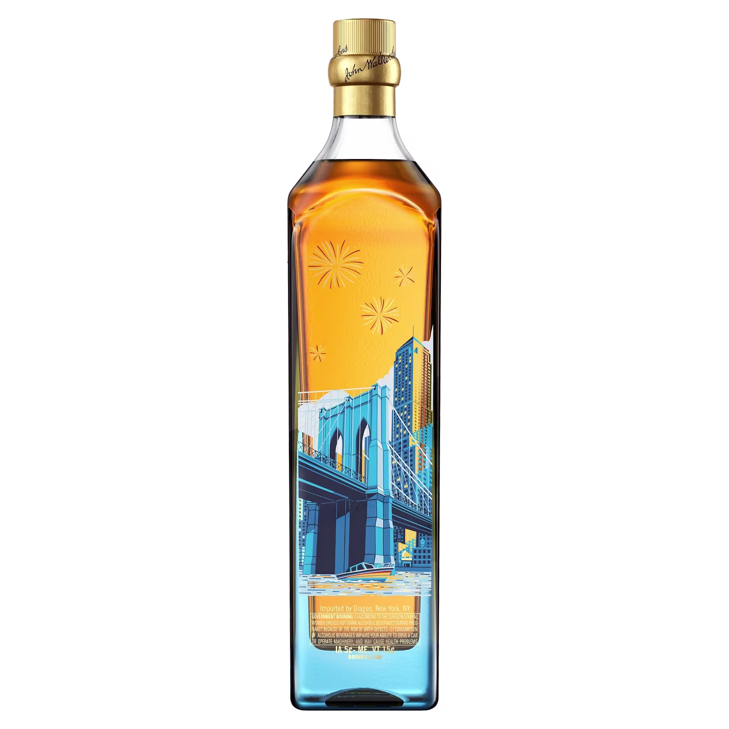 Tall bottle of whisky with a blue and orange cityscape and fireworks design on the label.