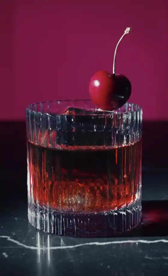 Un vaso con líquido rojo oscuro con un gran cubo de hielo y una cereza en el borde. El vaso tiene un patrón texturizado y está colocado sobre una superficie oscura y un fondo magenta que contrastan.