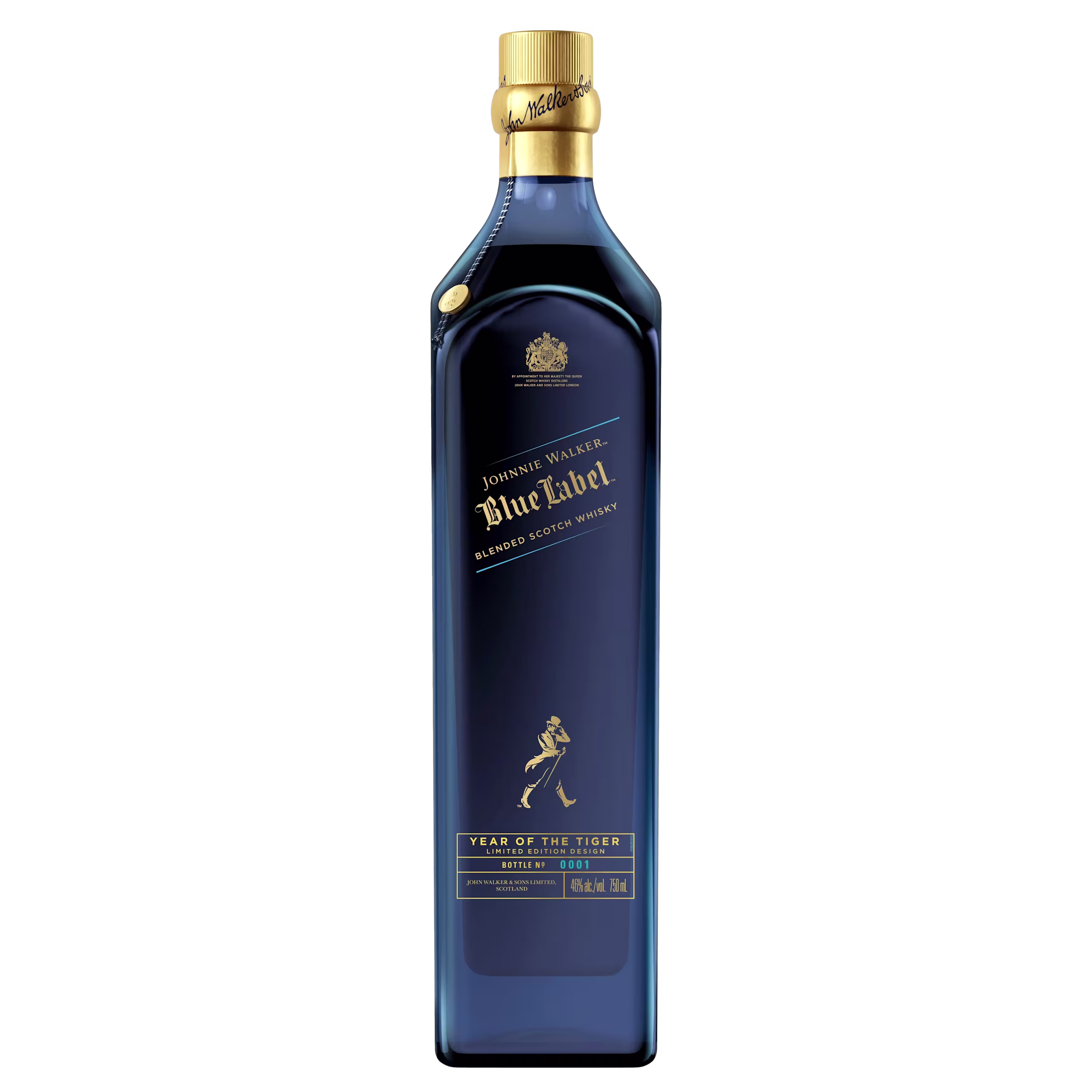 A tall, rectangular bottle of Johnnie Walker Blue Label whiskey, featuring a blue and gold label with Year of the Tiger edition details. The bottle has a gold cap and the iconic walking man logo.