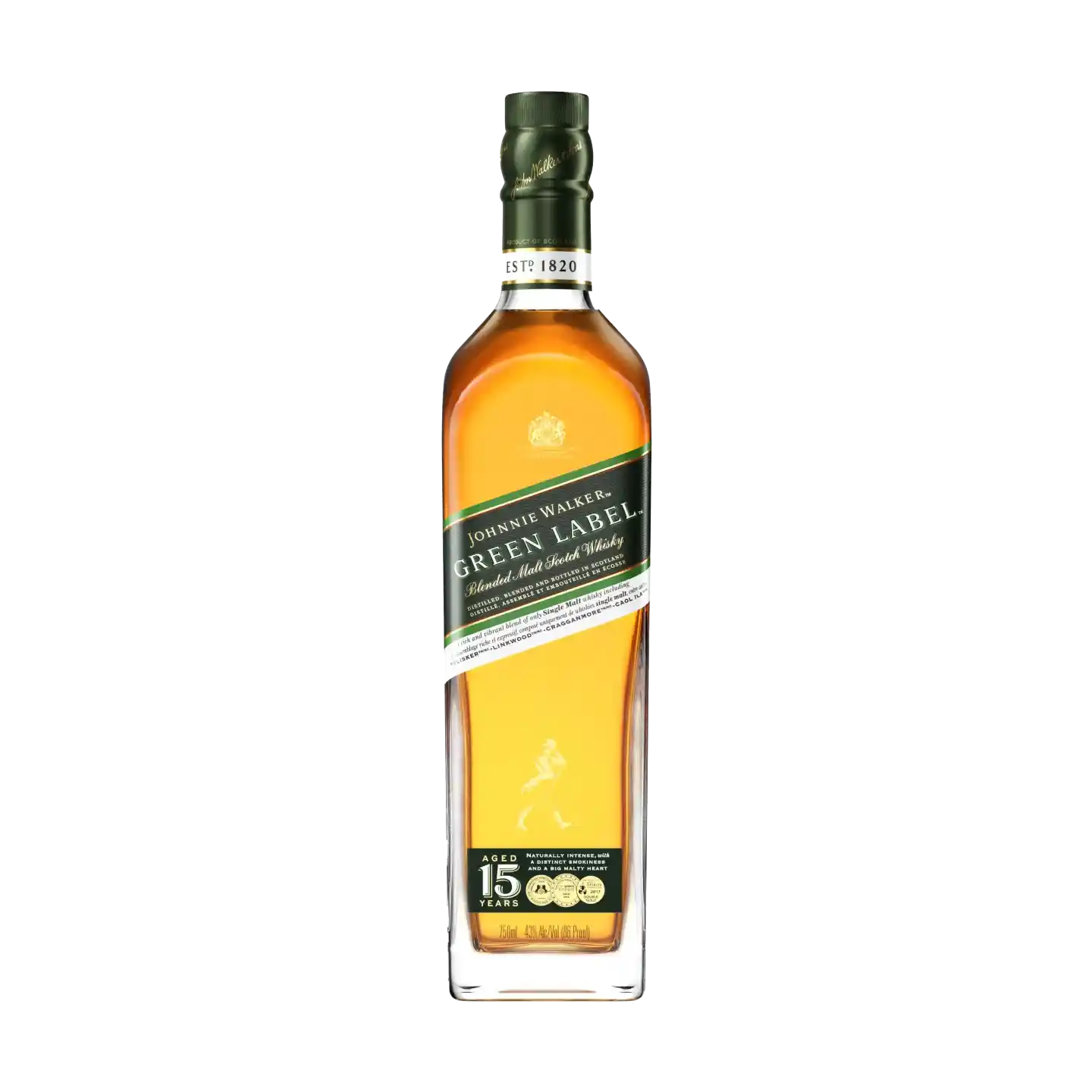 Een fles Johnnie Walker Green Label blended Scotch whisky, met een groen label met gouden accenten. De whisky is 15 jaar oud en de fles is hoog en rechthoekig met een helder glazen ontwerp.