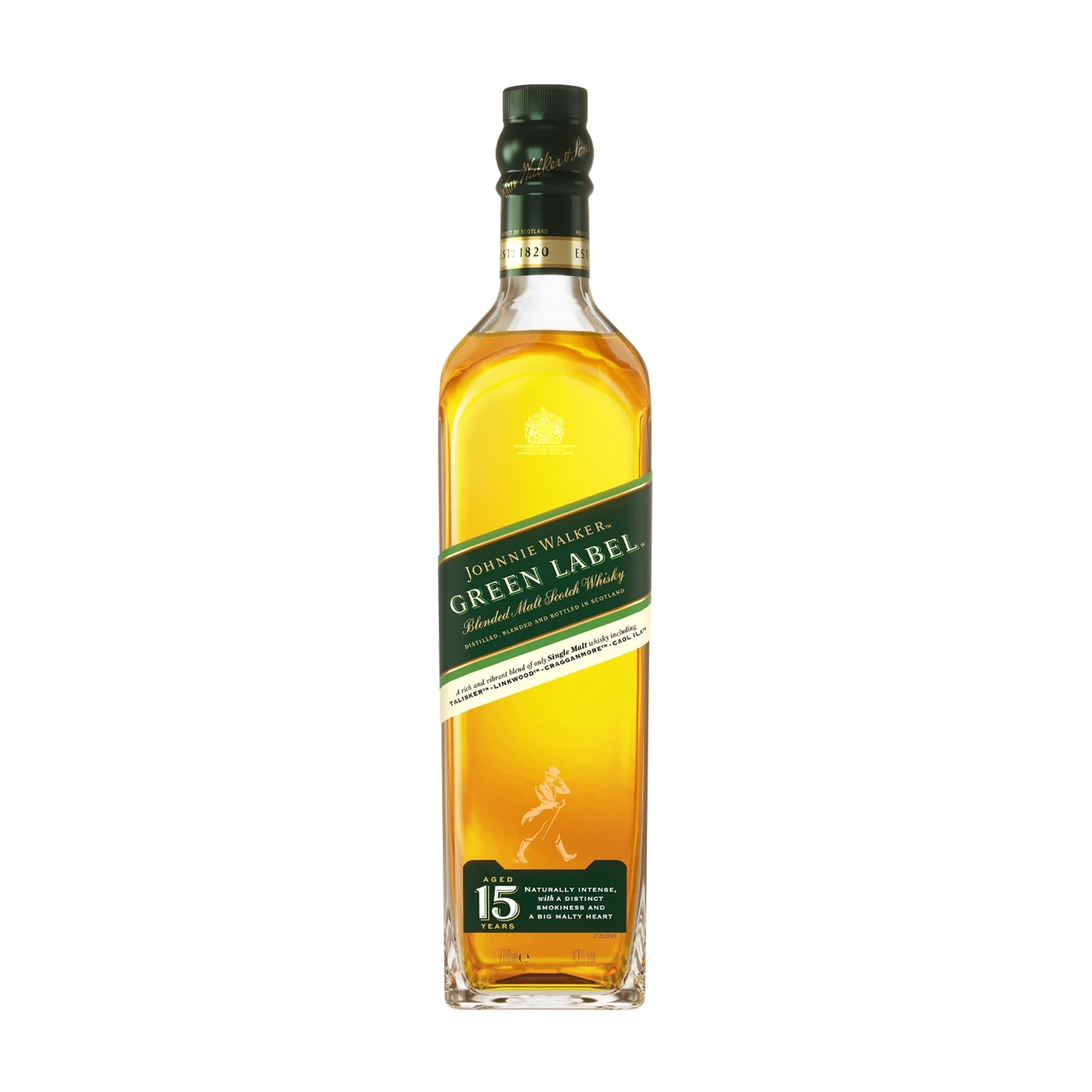 A bottle of Johnnie Walker Green Label 15-year-old blended malt Scotch whisky with a green diagonal label and gold cap, filled with amber liquid, placed against a white background.