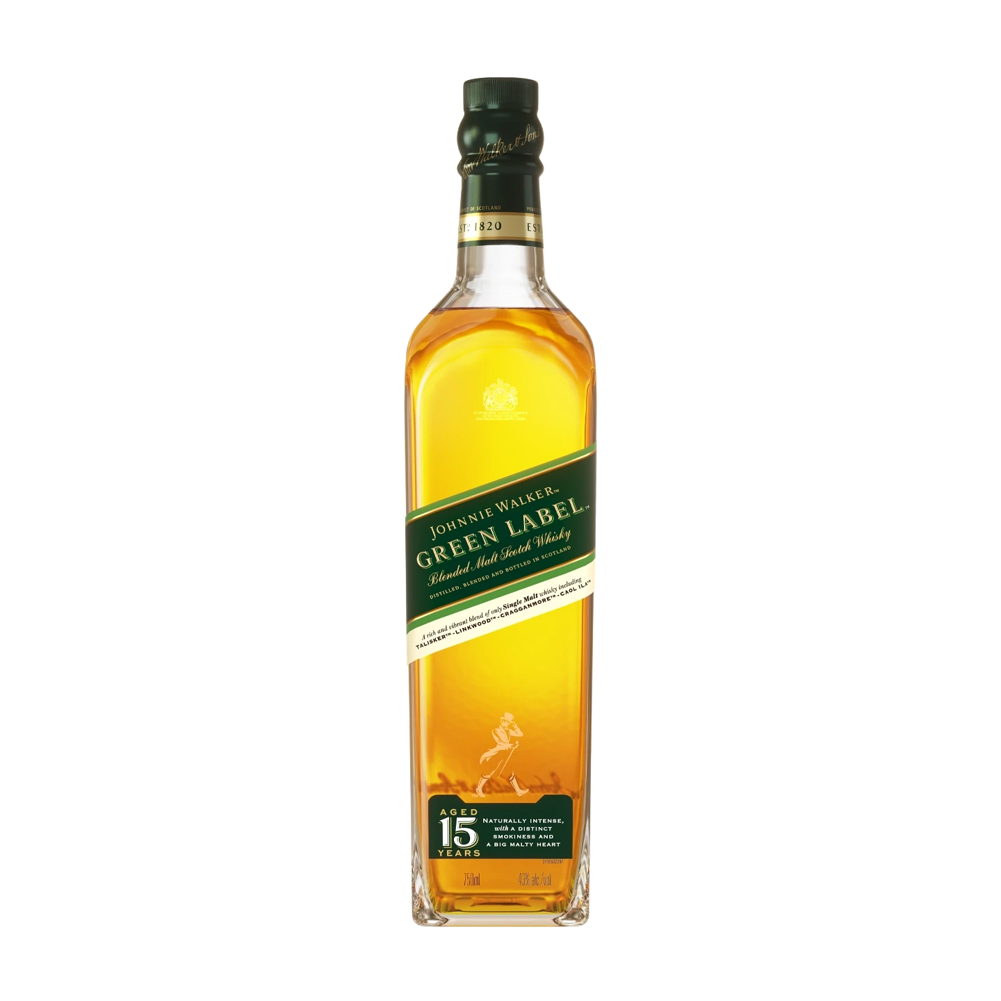 Una botella de whisky escocés de malta mezclado Johnnie Walker Green Label de 15 años con una etiqueta diagonal verde y tapa dorada, llena de líquido ámbar, colocada sobre un fondo blanco.