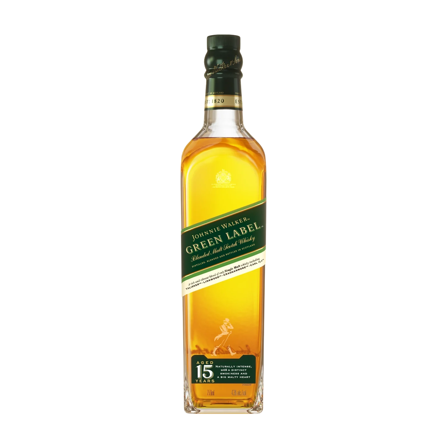 A bottle of Johnnie Walker Green Label 15-year-old blended malt Scotch whisky with a green diagonal label and gold cap, filled with amber liquid, placed against a white background.