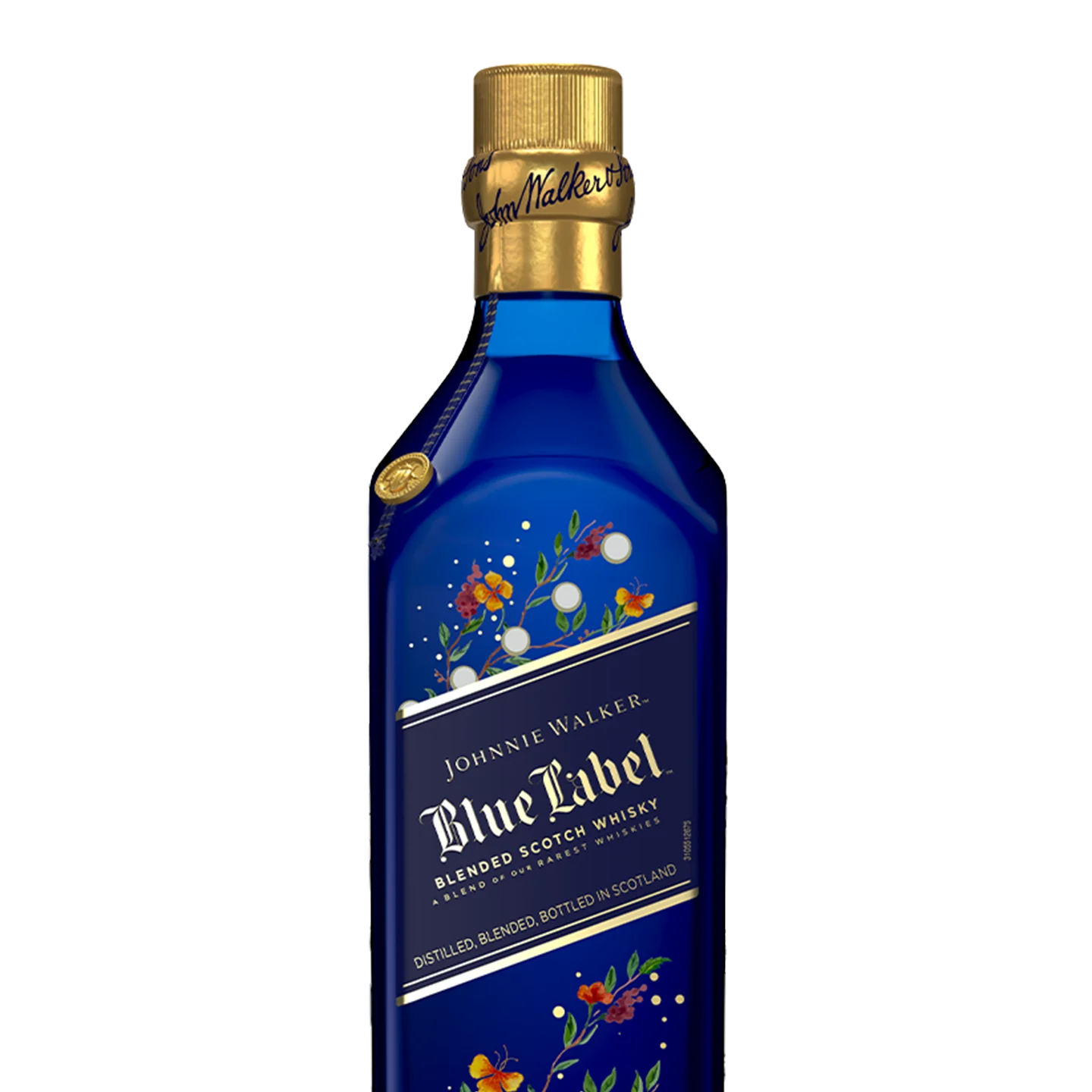 A bottle of Johnnie walker blue label x rahul mishra limited edition design Whisky with a blue floral-themed label and gold cap. The label features colourful flowers and elegant text on a deep blue background.