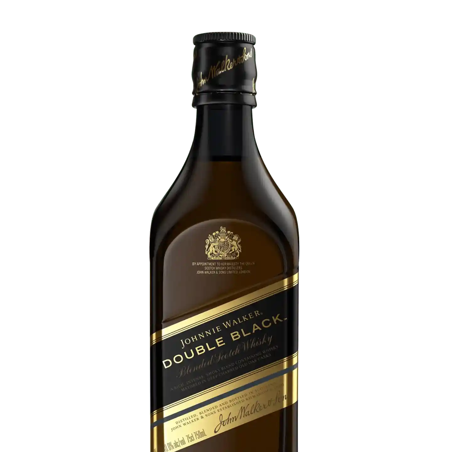 Một chai Johnnie Walker Double Black Blended Scotch Whisky có nhãn tối màu và điểm nhấn màu vàng. Nắp chai màu đen với chữ vàng, và chai có thiết kế thủy tinh tối màu bóng bẩy.