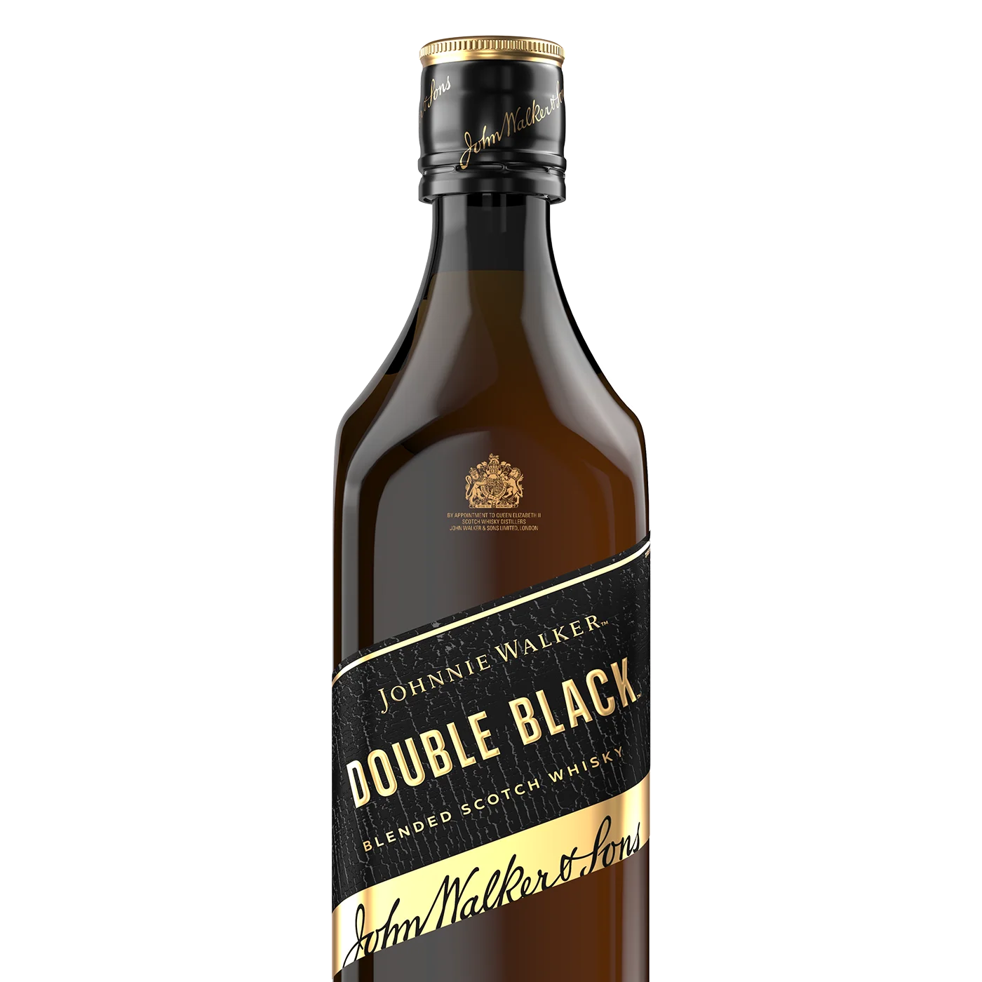 A bottle of Johnnie Walker Double Black blended Scotch whisky, featuring a black and gold label with the brand name and logo on a clear glass bottle.