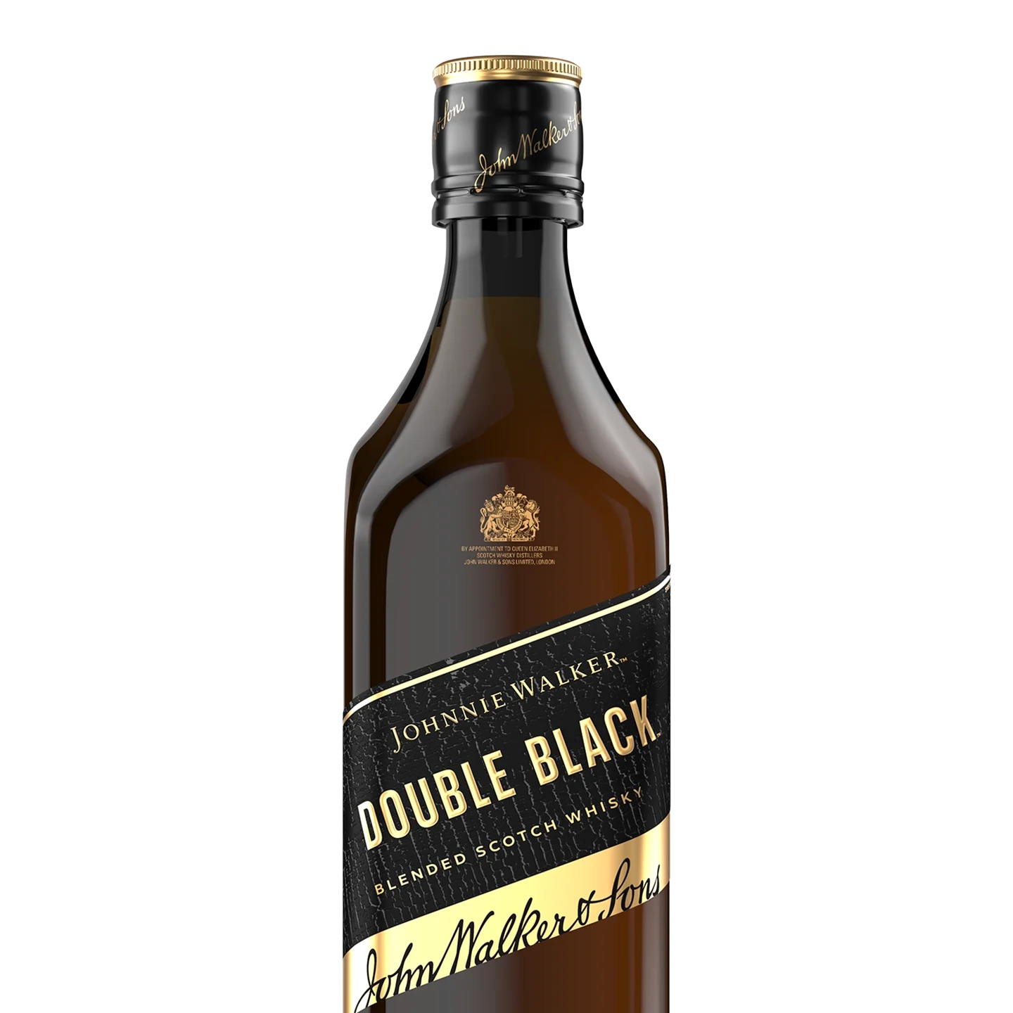 Пляшка шотландського купажованого віскі Johnnie Walker Double Black з чорно-золотою етикеткою та кришкою, що має фірмовий похилий дизайн етикетки бренду.