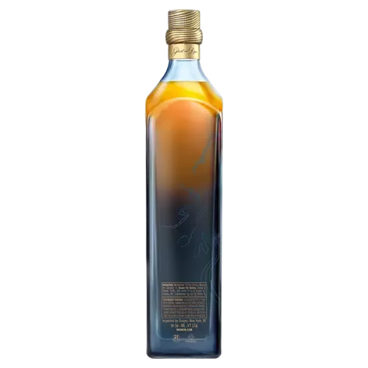 A sleek bottle of Johnnie Walker Blue Label Ghost and Rare whiskey with a gradient design, featuring rich amber and dark tones. The bottle is tall and rectangular, with a gold cap, and has embossed patterns and a label with text at the base.