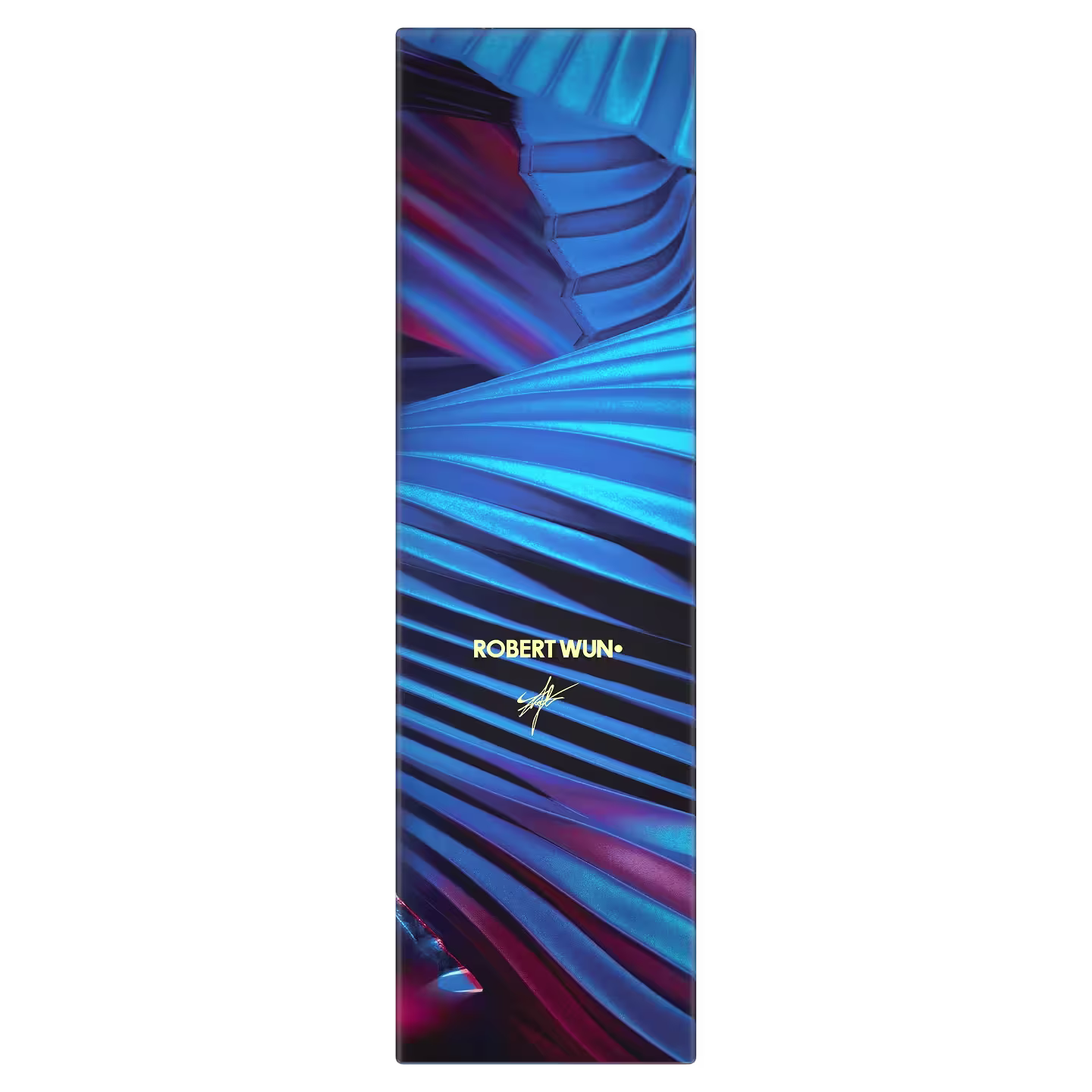 A rectangular box with abstract blue and purple folded patterns, featuring the text ROBERT WUN and a small gold signature near the center.