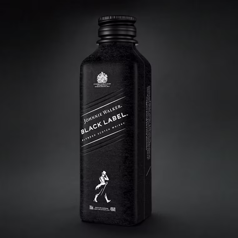 A sleek, black bottle of Johnnie Walker Black Label blended Scotch whisky features a minimalist design with white text and the iconic striding man logo on a dark background.