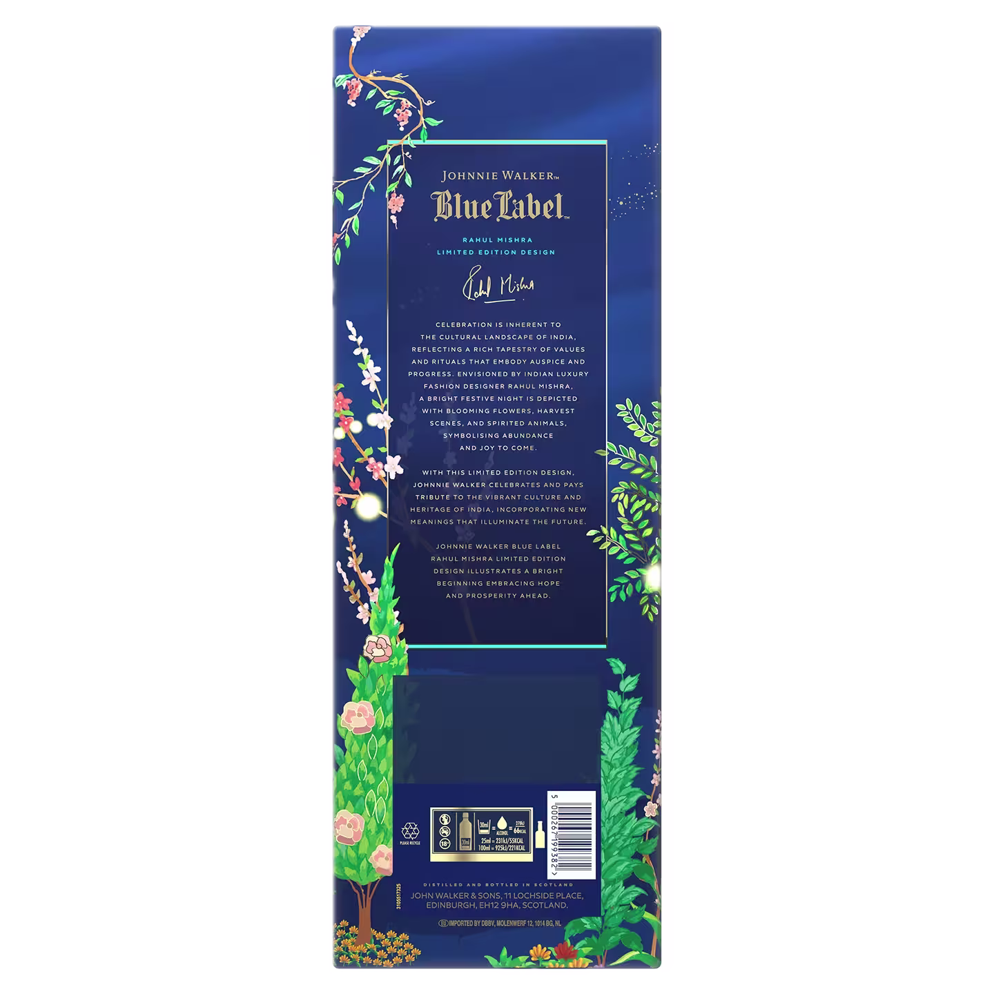 Tall rectangular Johnnie Walker Blue Label box with gold text on a dark blue background, decorated with colourful illustrated flowers, leaves, and branches along the edges and bottom.