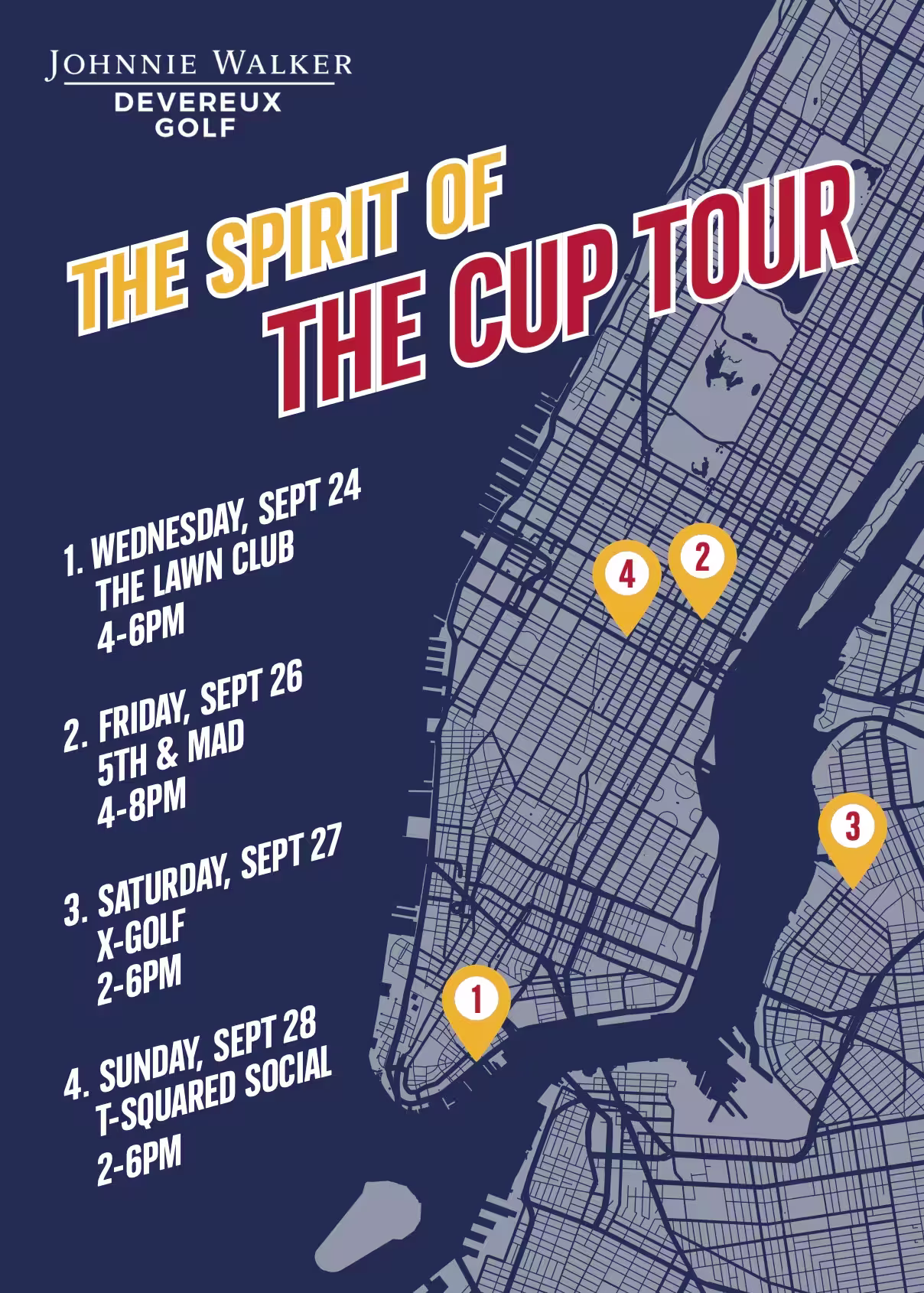Event poster for The Spirit of the Cup Tour by Johnnie Walker Devereux Golf, showing a New York City map with numbered locations and event dates from Sept 24–28 at various venues.