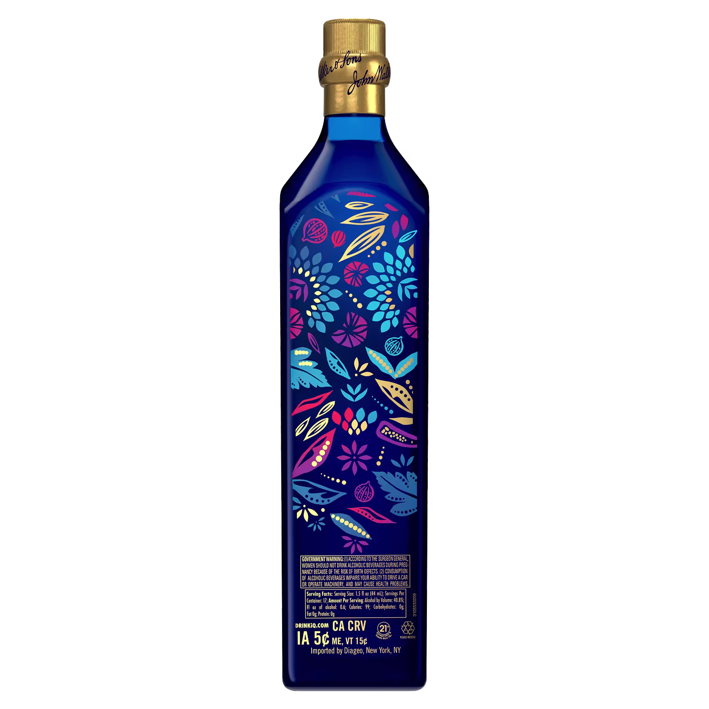 Back of the Johnnie Walker Blue Label Festive Blend bottle, showing the floral pattern and the product information label.