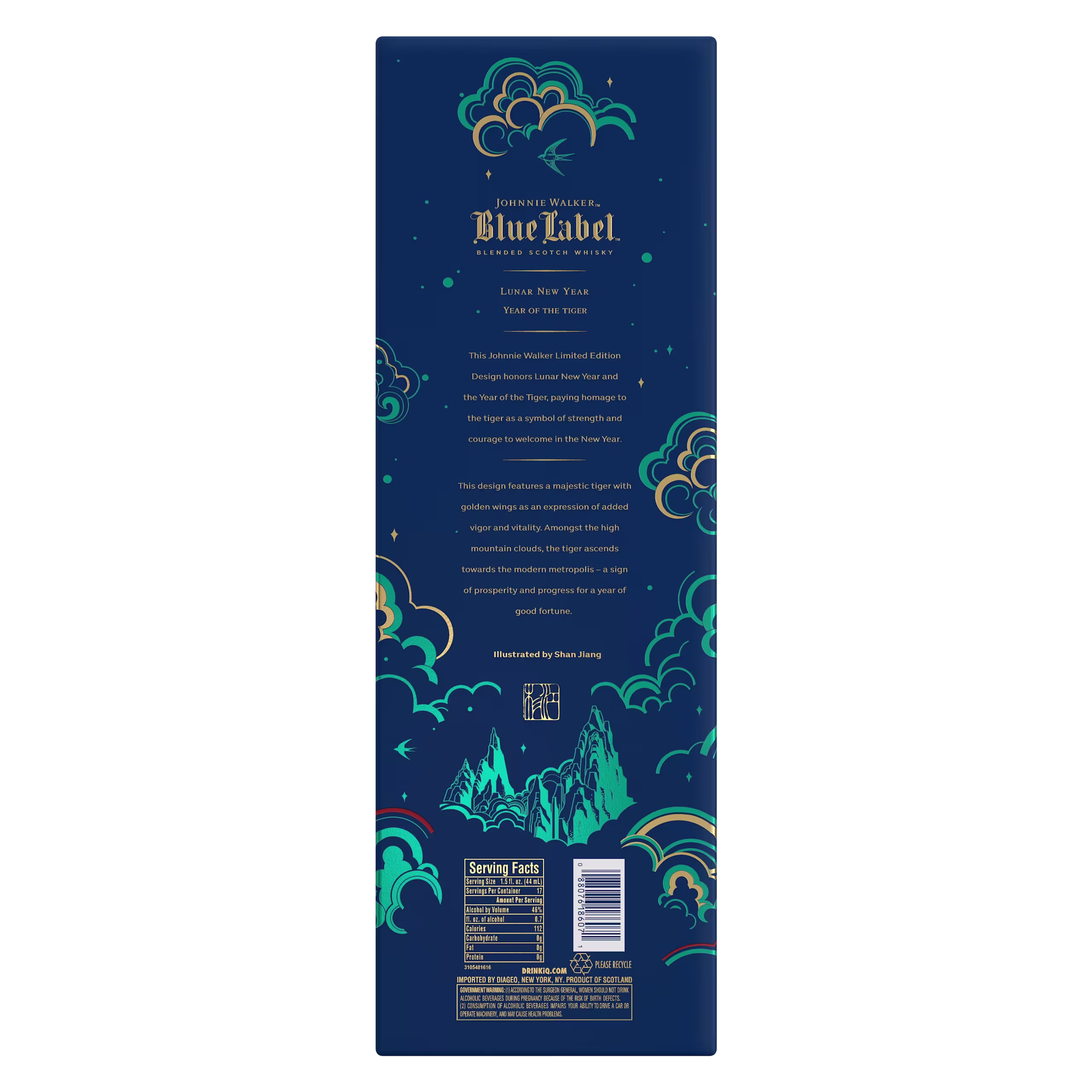 Back of a Johnnie Walker Blue Label Blended Year Of The Tiger Edition box, featuring a blue background with gold and blue cloud designs, mountain illustrations, and text detailing the Lunar New Year, Year of the Tiger, illustrated by artist Shao Feng.