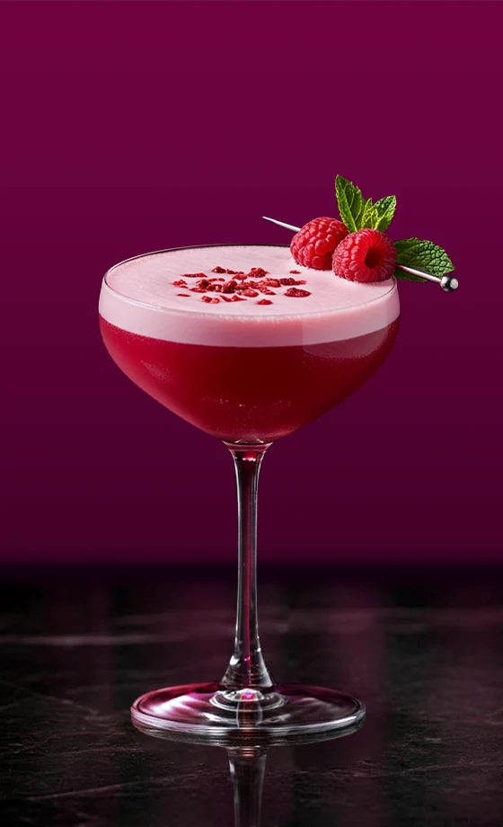 A vibrant red cocktail sits in a stemmed glass, topped with frothy foam and garnished with fresh raspberries and mint on a skewer. The background is a deep magenta, enhancing the drinks rich color.