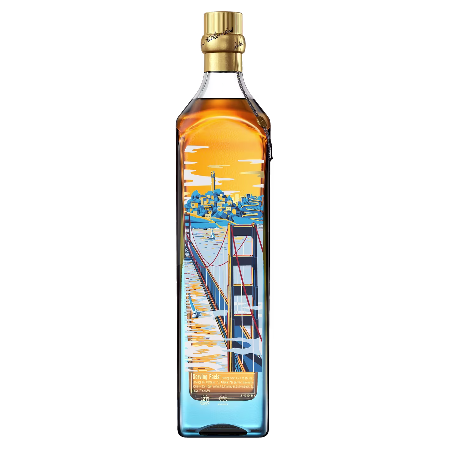 A whiskey bottle with artwork of the Golden Gate Bridge and San Francisco skyline on the glass.