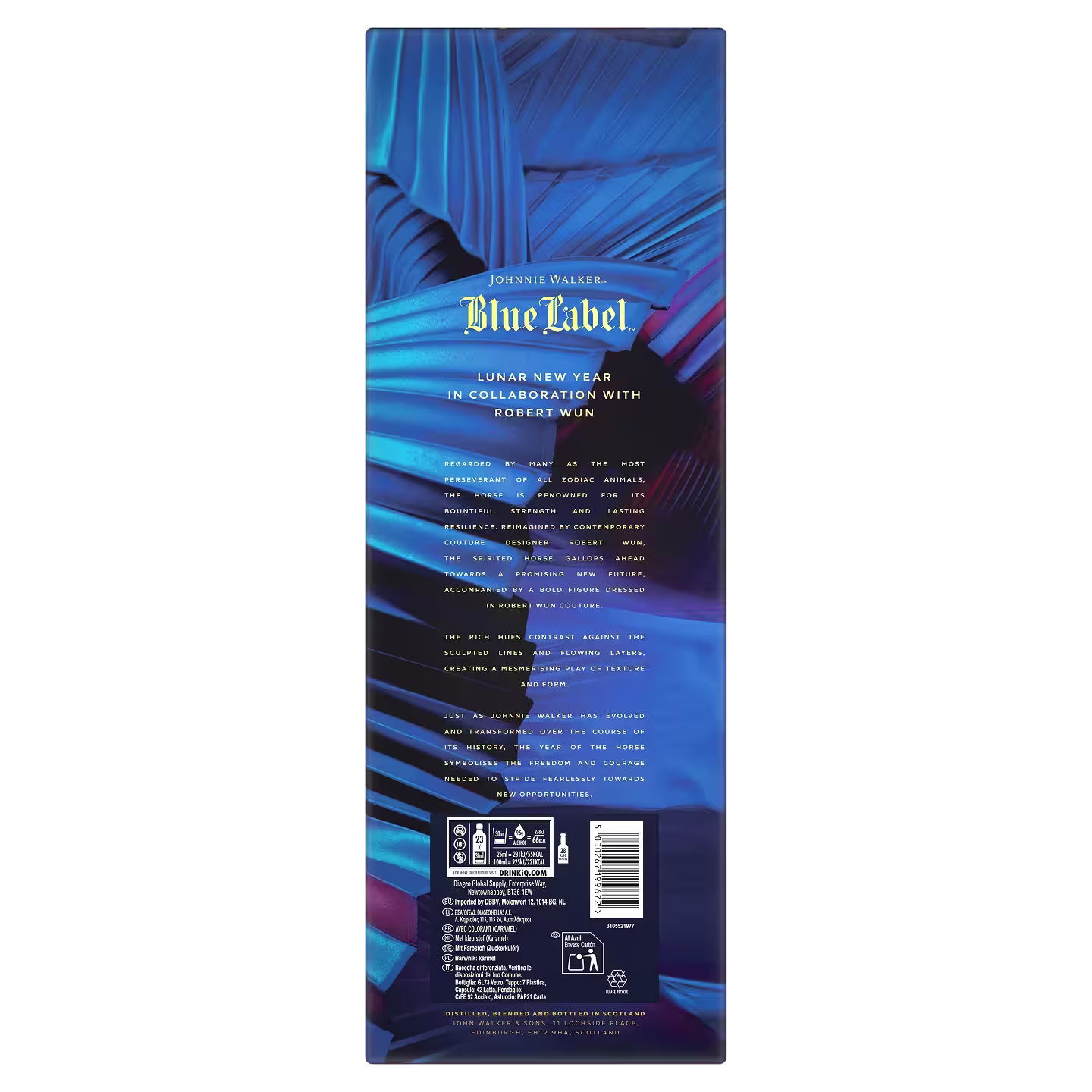 Rechteckige Schachtel mit abstrakten Mustern in Blau und Lila, mit den Worten „Johnnie Walker Blue Label“ und „Lunar New Year“ in Zusammenarbeit mit Robert Wun in weißer und goldener Schrift, zusammen mit Produkt- und Barcode-Details am unteren Rand.