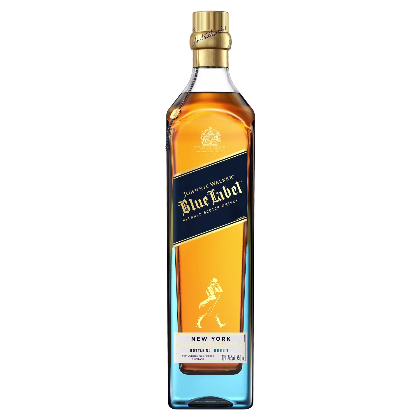 A bottle of Johnnie Walker Blue Label Blended Scotch Whisky with a New York label.