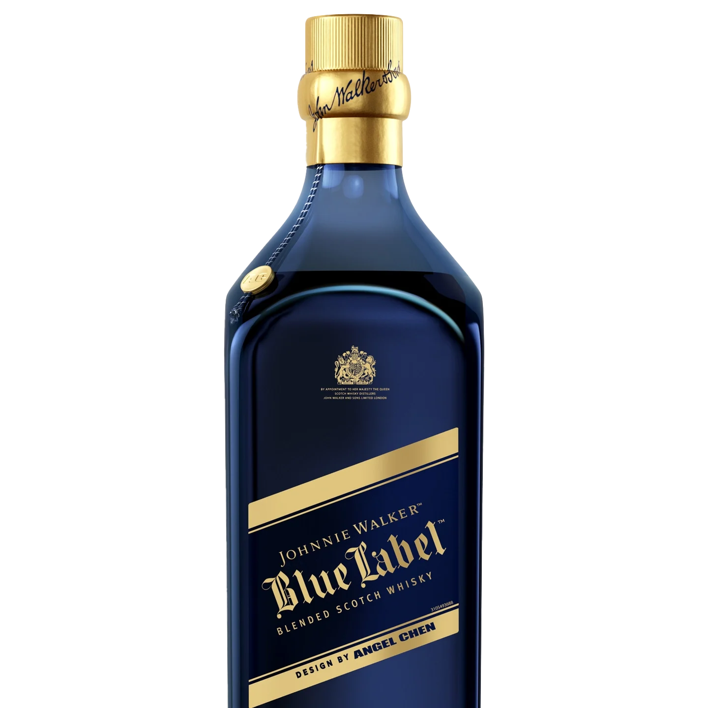 A close-up of a Johnnie Walker Blue Label Scotch whisky bottle, featuring its distinctive blue label and gold cap.