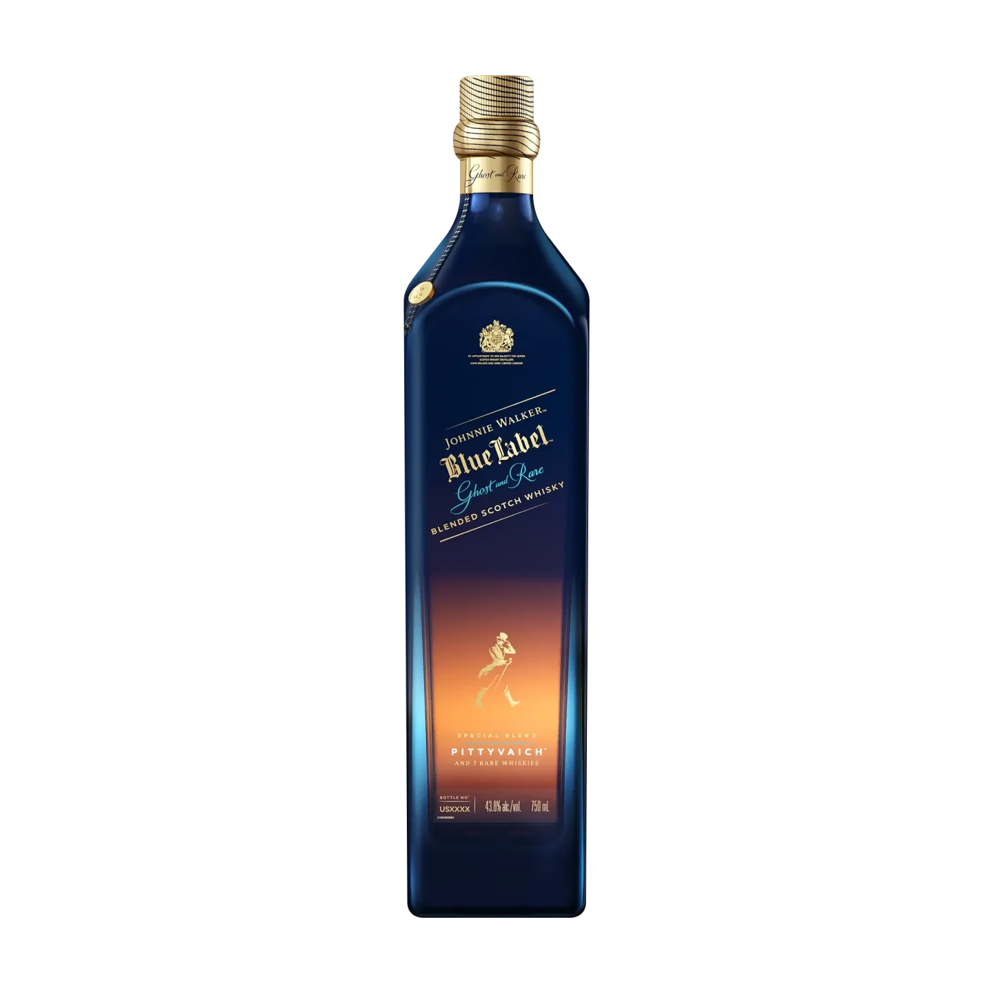 A bottle of Johnnie Walker Blue Label Ghost And Rare Pittyvaich blended Scotch whisky, displayed against a black background. The label features the Pittvach edition with gold accents and a distinctive angled logo.