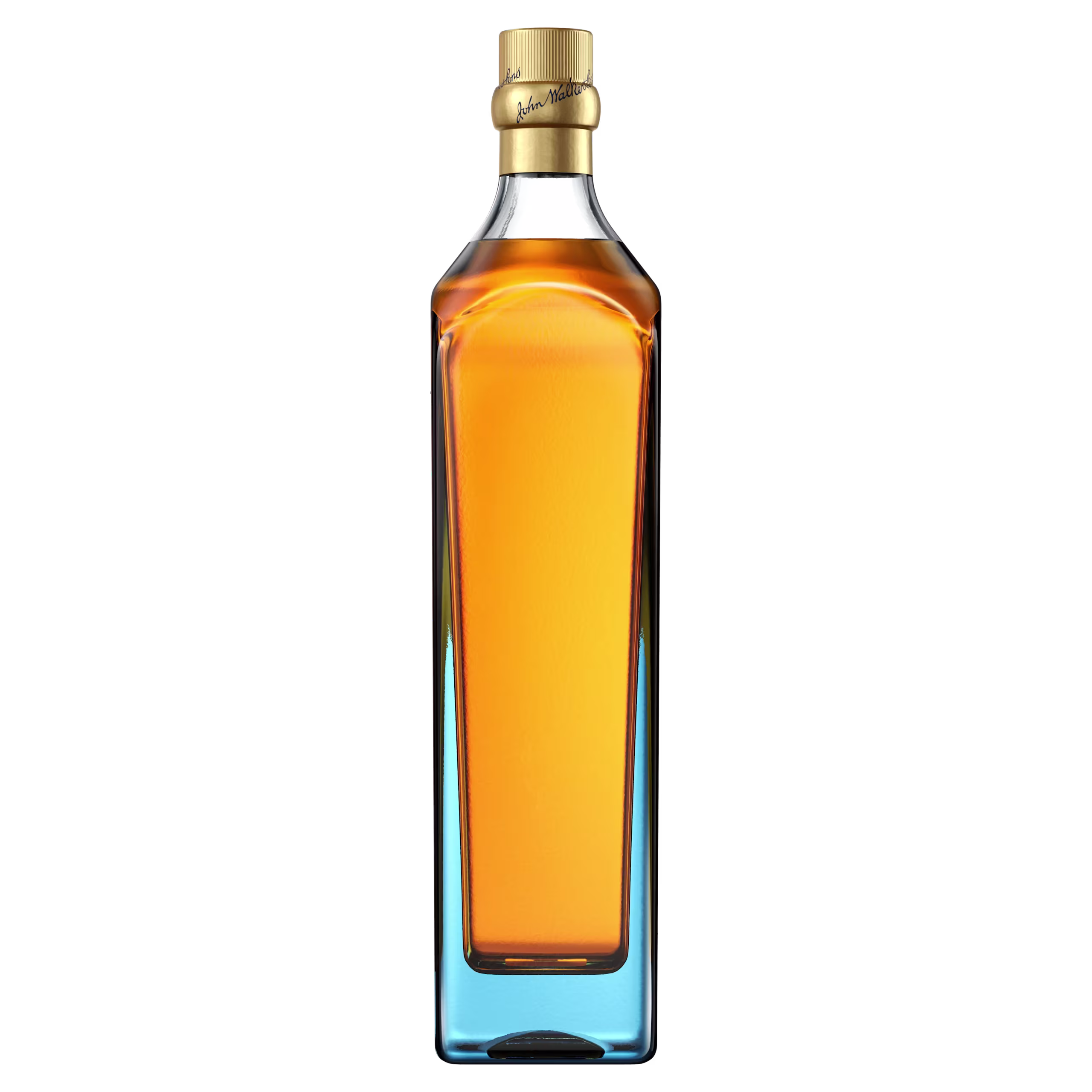 Johnnie walker blue label washington dc A tall, rectangular bottle with a golden cap, filled with amber liquid. The bottle has a unique, angular design and is placed against a plain black background.